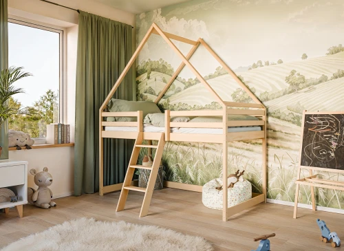 MOON 80x180 Çam Çocuk Loft Yatağı Ev Şeklinde Tek Kişilik Lano Meble