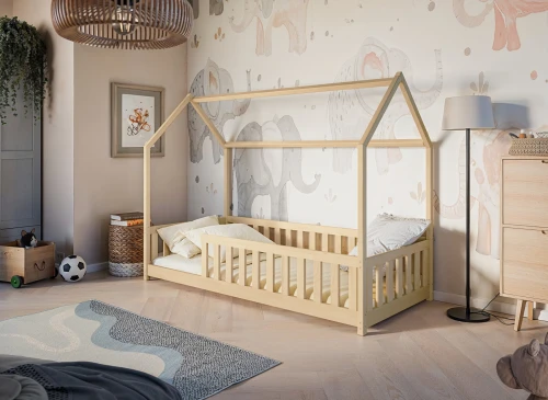NOAH 90x200 Cilalanmamış Ahşap Montessori Yer Yatağı Çocuk Ev Karyolası Lano Meble