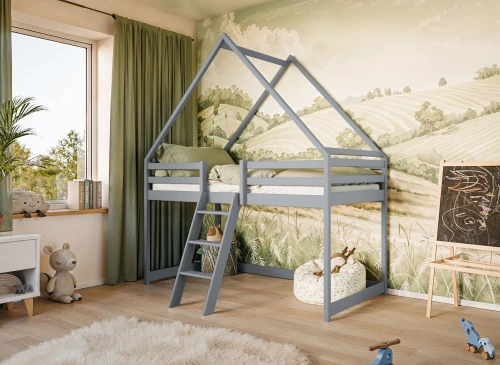 MOON 80x180 Kül Grisi Tek Kişilik Çocuk Loft Yatak Ev Tipi Lano Meble