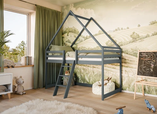 MOON 90x200 Grafit Tek Kişilik Çocuk Loft Yatak Ev Tipi - Lano Meble