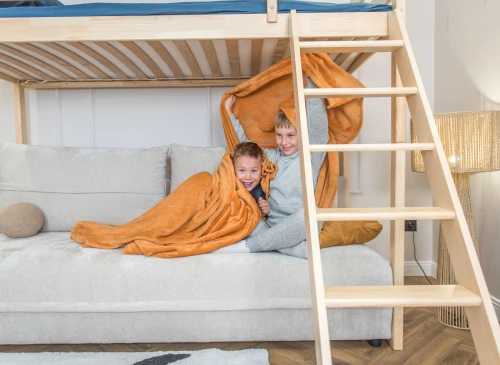 SAVIO 90x200/140x200 Kiefer Etagenbett mit ausziehbarem Sofa beige Stoff  perfect harmony 02 Lano Möbel