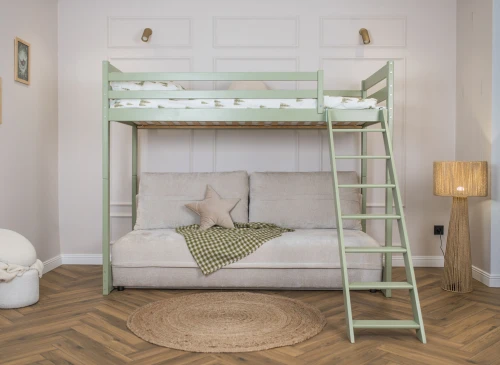 SAVIO 90x200/140x200 Olivgrün Etagenbett mit ausziehbarem Sofa beige Stoff  perfect harmony 02 Lano Möbel