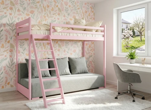 SOFINO 90x200/140x200 Rosa Etagenbett mit ausziehbarem Sofa grauer Stoff Zoom 15 Sage Lano Möbel