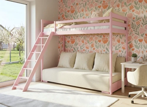 SOFINO 90x200/140x200 Rosa Etagenbett mit ausziehbarem Sofa beige Stoff Poso 38 Lano Möbel