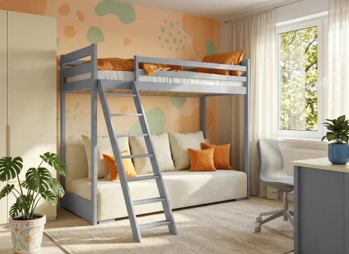 SOFINO 90x200/140x200 Küllü Gri Ranzalı Yatak, Bej Poso 38 Kumaş Açılır Kanepeli - Lano Meble