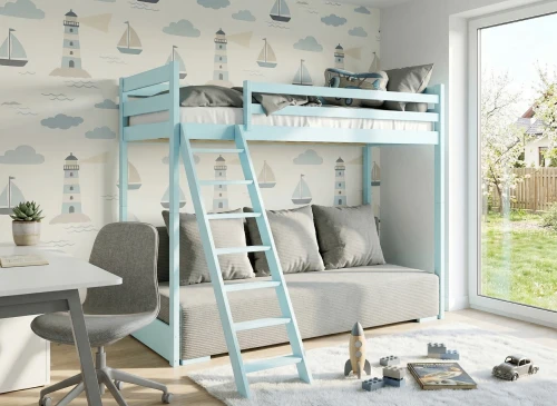 SOFINO 90x200/140x200 Blau Etagenbett mit ausziehbarem Sofa grauer Stoff Zoom 15 Sage Lano Möbel