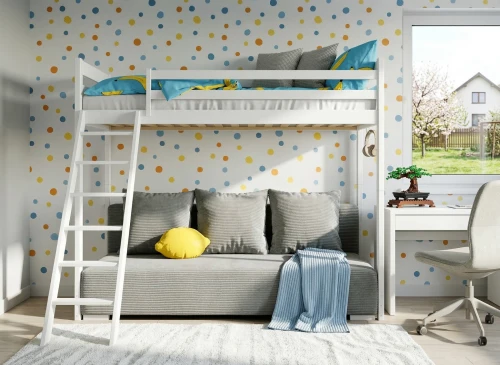 SOFINO 90x200/140x200 Weiß Etagenbett mit ausziehbarem Sofa grauer Stoff Zoom 15 Sage Lano Möbel