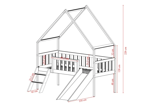 ANGEL 80x180 Boyasız Ahşap Kaydıraklı Tek Kişilik Çocuk Evi Yatağı - Lano Meble