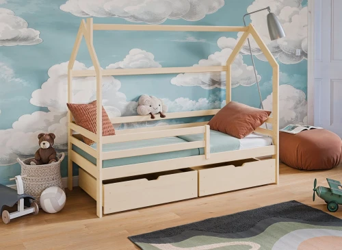 LILA 80x170 Boyasız Ahşap Çocuk Tek Kişilik Ev Yatağı | Lano Meble