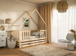 MAGIC 90x200 Boyasız Ahşap Yavrulu Ev Yatak Lano Meble