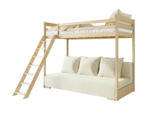 SOFINO 90x200/140x200 Boyasız Ahşap Ranza, Açılır Kanepeli, Bej Poso 38 Kumaş, Lano Meble