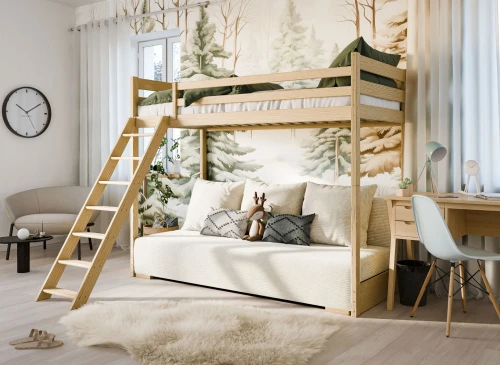 SOFINO 90x200/140x200 Boyasız Ahşap Ranza, Açılır Kanepeli, Bej Poso 38 Kumaş, Lano Meble