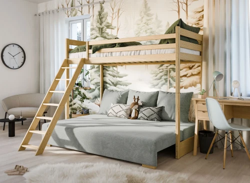 SOFINO 90x200/140x200 Boyasız Ahşap Ranza, Açılır Kanepeli, Gri Kumaş Zoom 15 Sage Lano Mobilya