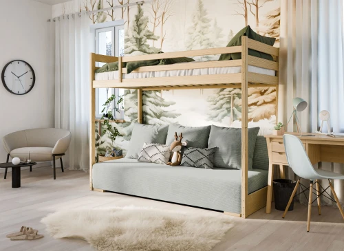 SOFINO 90x200/140x200 Boyasız Ahşap Ranza, Açılır Kanepeli, Gri Kumaş Zoom 15 Sage Lano Mobilya