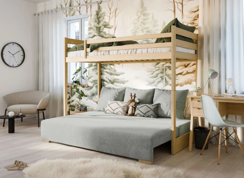 SOFINO 90x200/140x200 Boyasız Ahşap Ranza, Açılır Kanepeli, Gri Kumaş Zoom 15 Sage Lano Mobilya