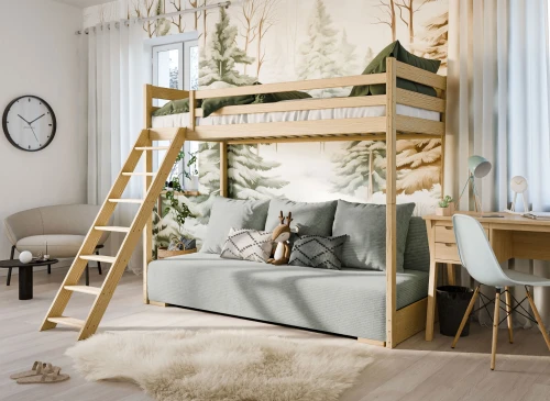 SOFINO 90x200/140x200 Boyasız Ahşap Ranza, Açılır Kanepeli, Gri Kumaş Zoom 15 Sage Lano Mobilya