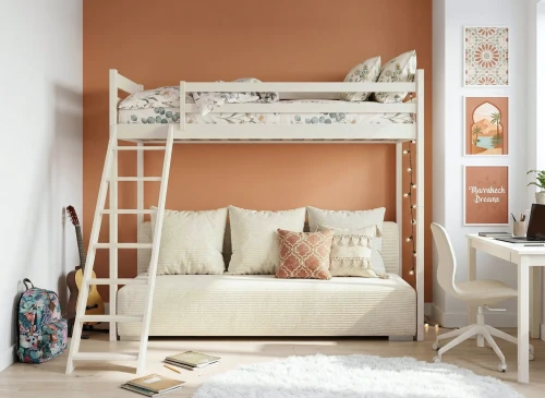 SOFINO 90x200/140x200 Baumwolle Etagenbett mit ausziehbarem Sofa beige Stoff Poso 38 Lano Möbel