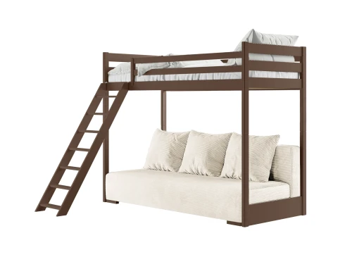 SOFINO 90x200/140x200 Zartbitterschokolade Etagenbett mit ausziehbarem Sofa beige Stoff Poso 38 Lano Möbel