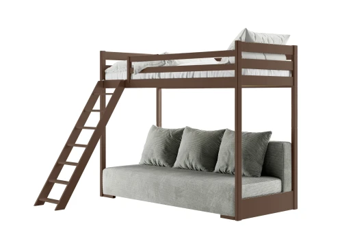 SOFINO 90x200/140x200  Zartbitterschokolade Etagenbett mit ausziehbarem Sofa grauer Stoff Zoom 15 Sage Lano Möbel
