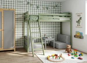 SOFENA 90x200 Olivgrün Etagenbett mit modularem Sofa grau Stoff Zoom 15 Sage Lano Möbel
