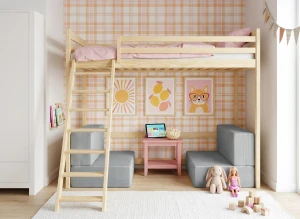 SOFENA 90x200 Unlackiertes Holz Etagenbett mit modularem Sofa grau Stoff Zoom 15 Sage Lano Möbel