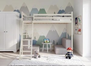 SOFENA 90x200 Baumwolle Etagenbett mit modularem Sofa hellgrau Stoff Zoom Dove 19, Lano Möbel