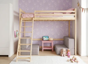 SOFENA 90x200 Unlackiertes Holz Etagenbett mit modularem Sofa hellgrau Stoff Zoom Dove 19 Lano Möbel