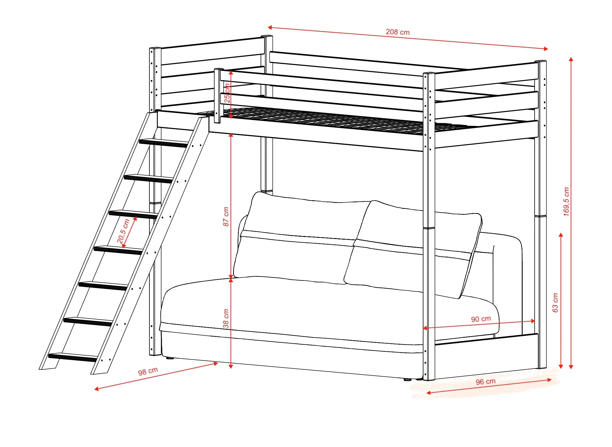 Teknik çizim SAVIO bitter çikolata 90x200/140x200 kanepeli ranza – Lano Meble