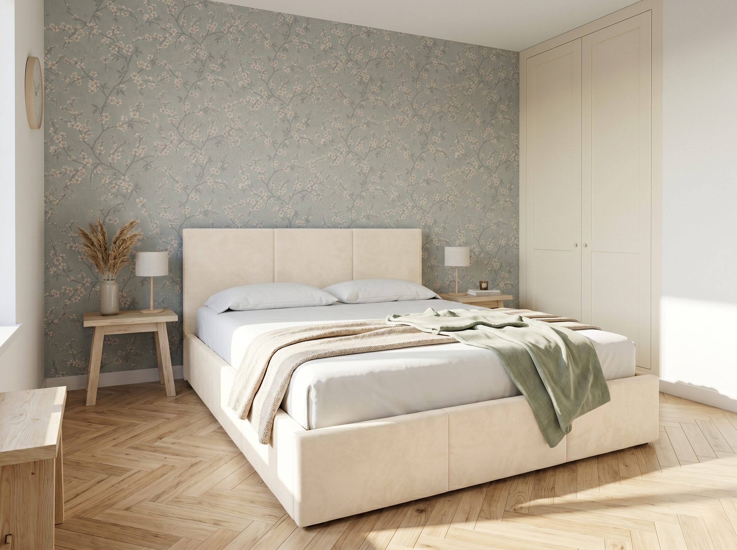Gestoffeerd bed HAVEN in stof Manila 01 crèmekleurig 160x200 – slaapkamerinrichting – Lano Meble