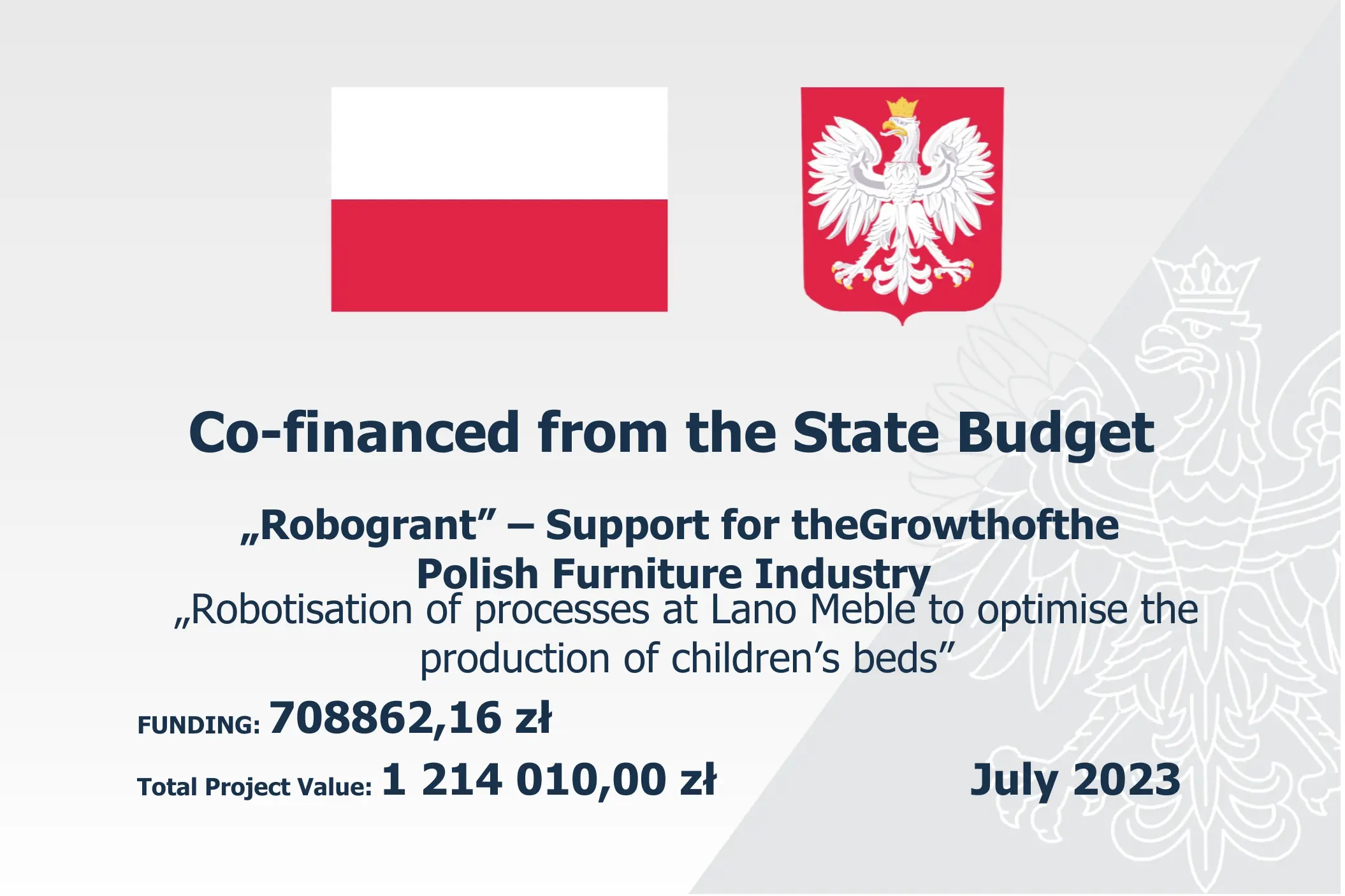 Robogrant - pomoc branży meblarskiej, dofinansowanie ze środków budżetu Państwa dla LANO o wartości 708 862, 16 zł - lipiec 2023