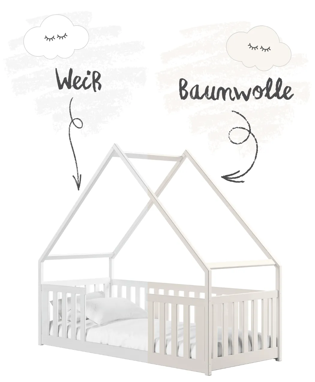 LANO Hausbett auf weißem Hintergrund mit Pfeilen und Kreidebeschriftungen: „Weiß“ und „Baumwolle“.