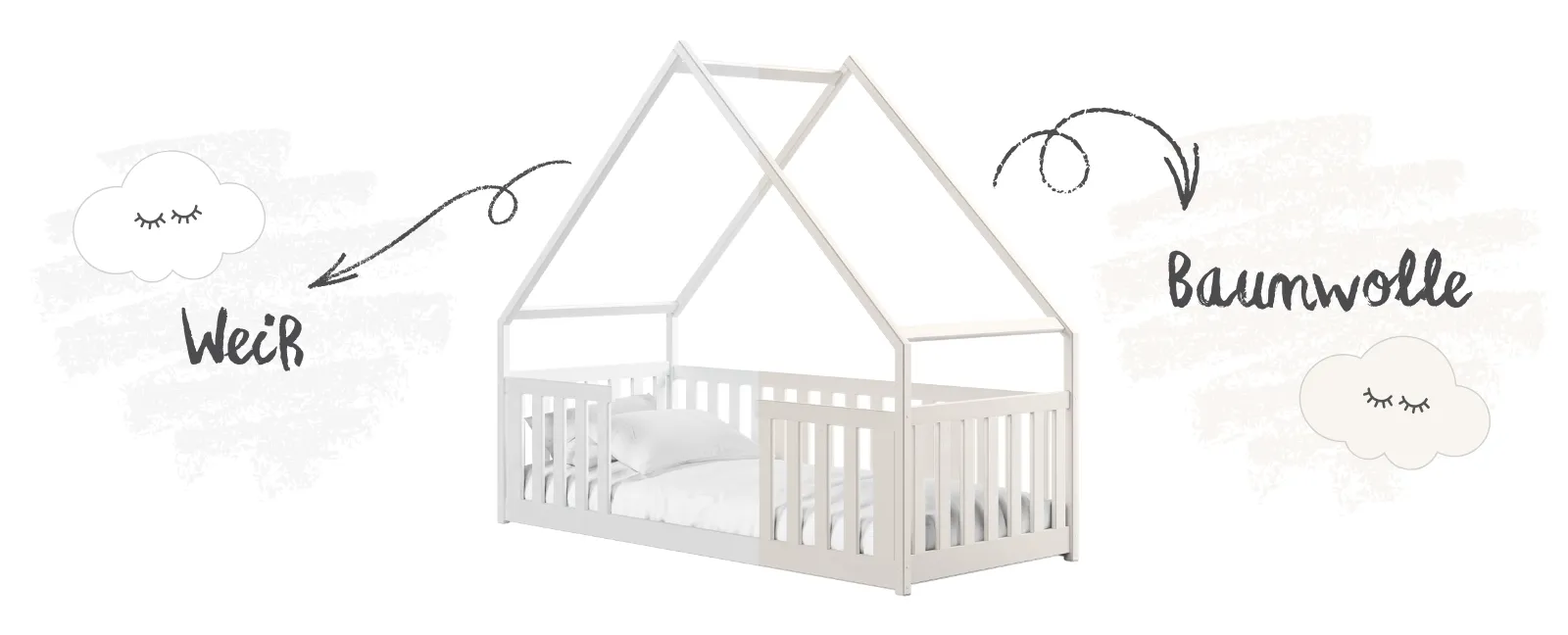 LANO Hausbett auf weißem Hintergrund mit Pfeilen und Kreidebeschriftungen: „Weiß“ und „Baumwolle“.