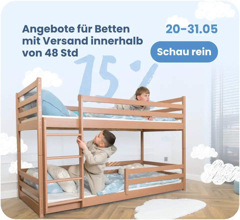 15 % Rabatt auf Betten mit Versand innerhalb von 48 Stunden, 20.–31. Mai